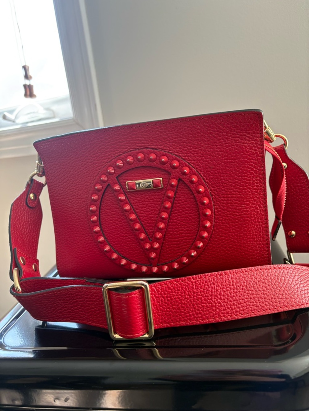 Valentino Kiki Rockstud red leather crossbody